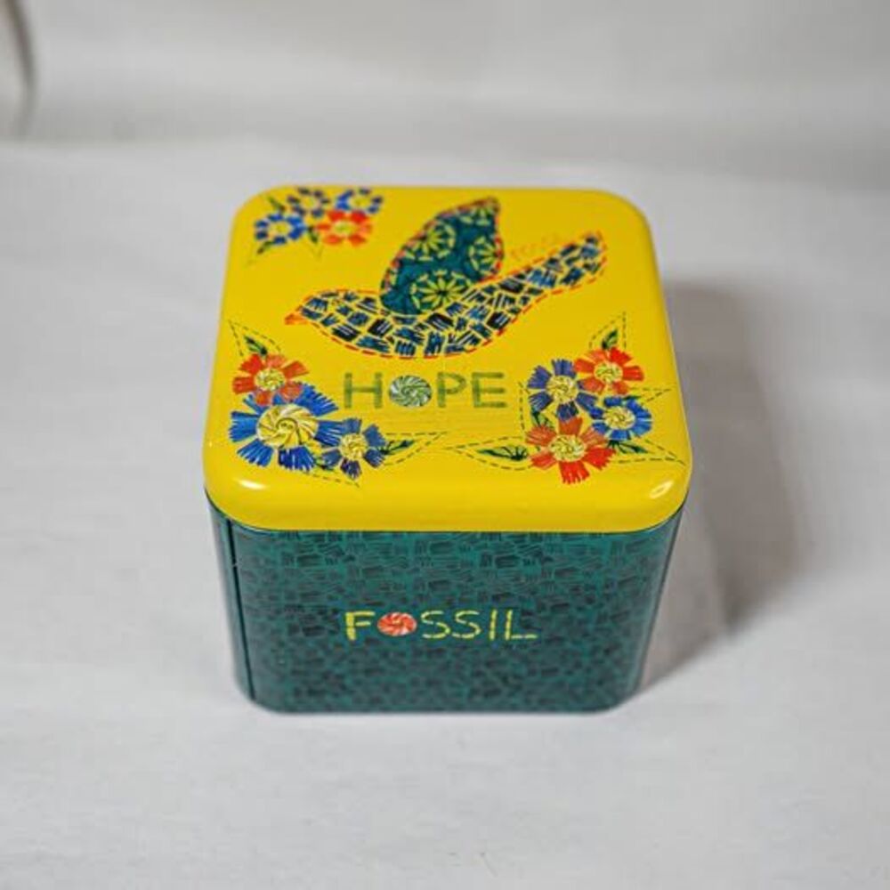 Fossil Watch Tin Yellow & Green Bird Flowers Folk Art HOPE